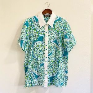 Bob Mackie Silk Shirt Vintage Short Sleeve Abstract Wearable Art Paisley Blue